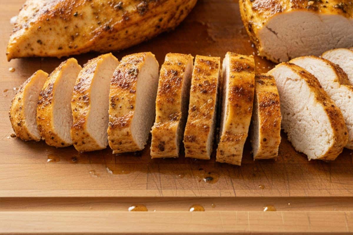 Slicing the cooked chicken.