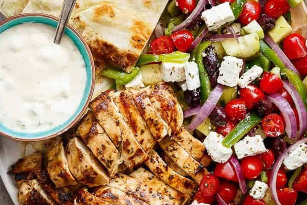 Close-up shot of Greek Lemon Garlic Chicken Salad.