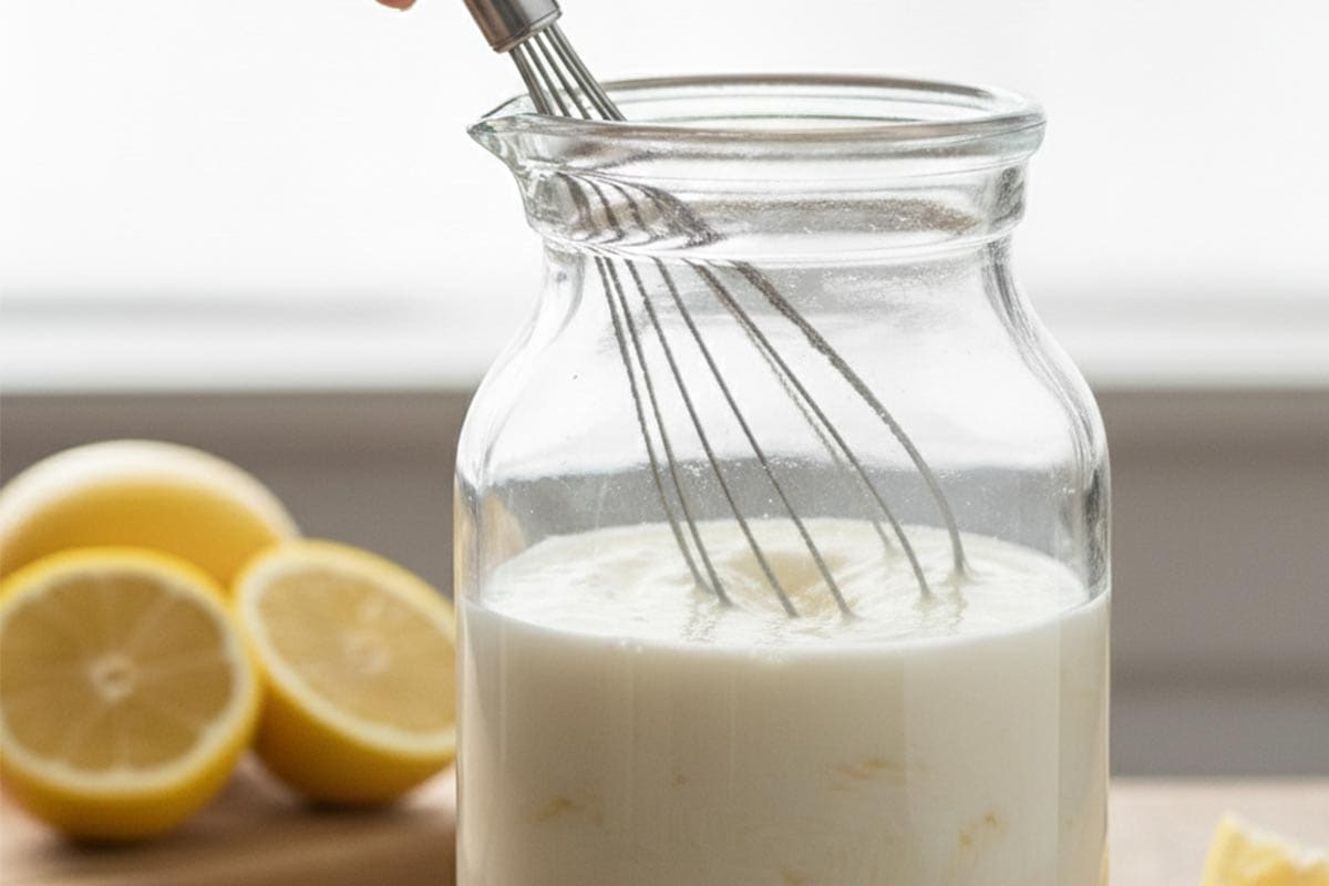 Whisked together fresh lemon juice and milk in a jug.