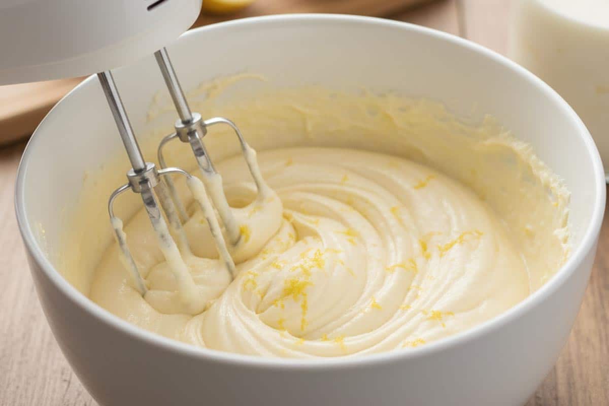 Beating butter and sugar until light and creamy, then add eggs and lemon zest.
