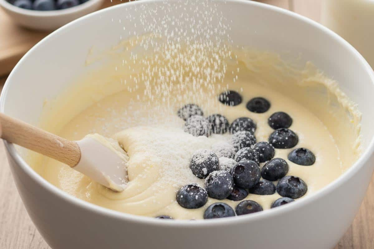 Sprinkling flour, baking powder, and salt over the wet mixture with blueberries.