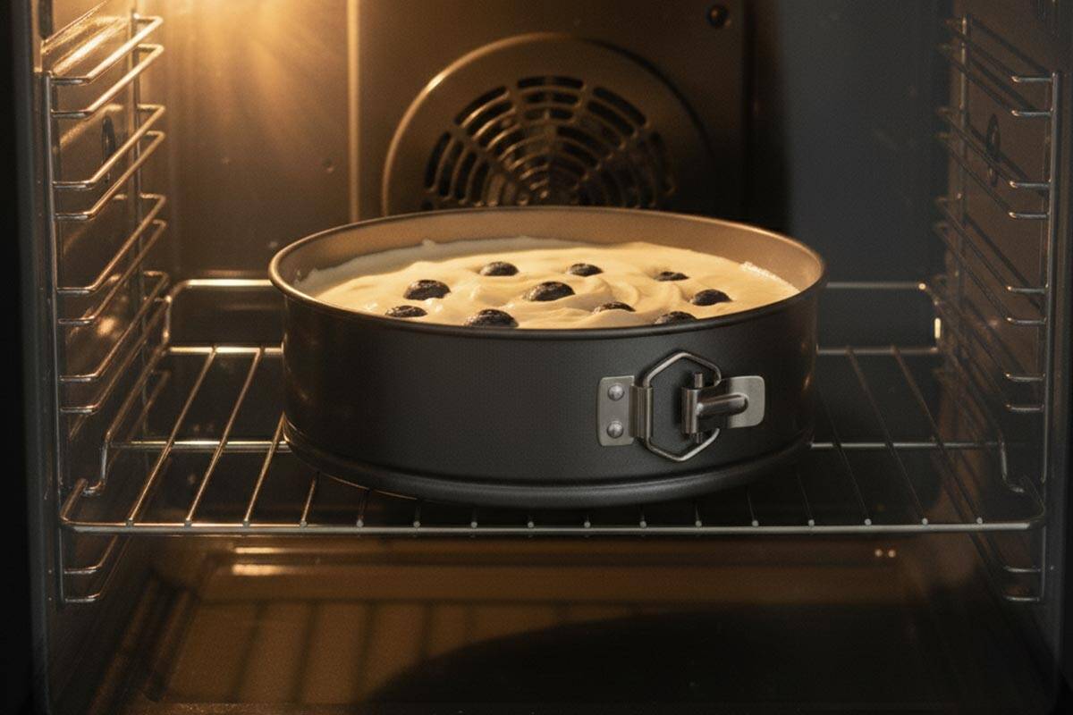 Baking the cake in the oven.