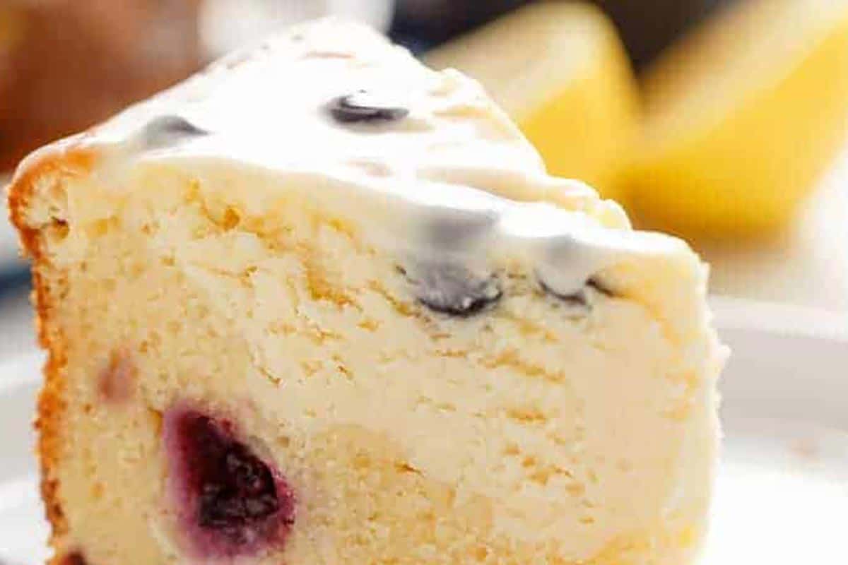 Close-up shot of Lemon Blueberry Cheesecake.