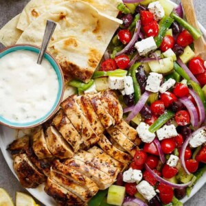 Greek Lemon Garlic Chicken Salad on a platter
