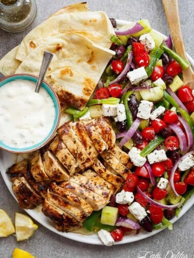 Greek Lemon Garlic Chicken Salad on a platter