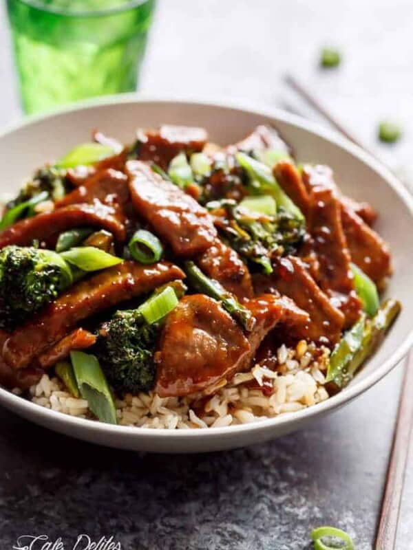 Mongolian Beef And Broccoli with rice in bowl