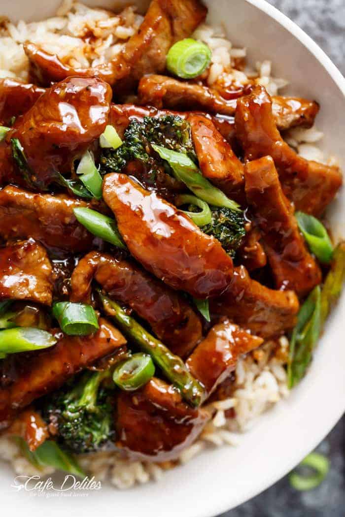 A Mongolian Beef And Broccoli like traditional take-out? With only HALF the oil needed compared to other recipes, this Mongolian Beef is even better! | https://cafedelites.com