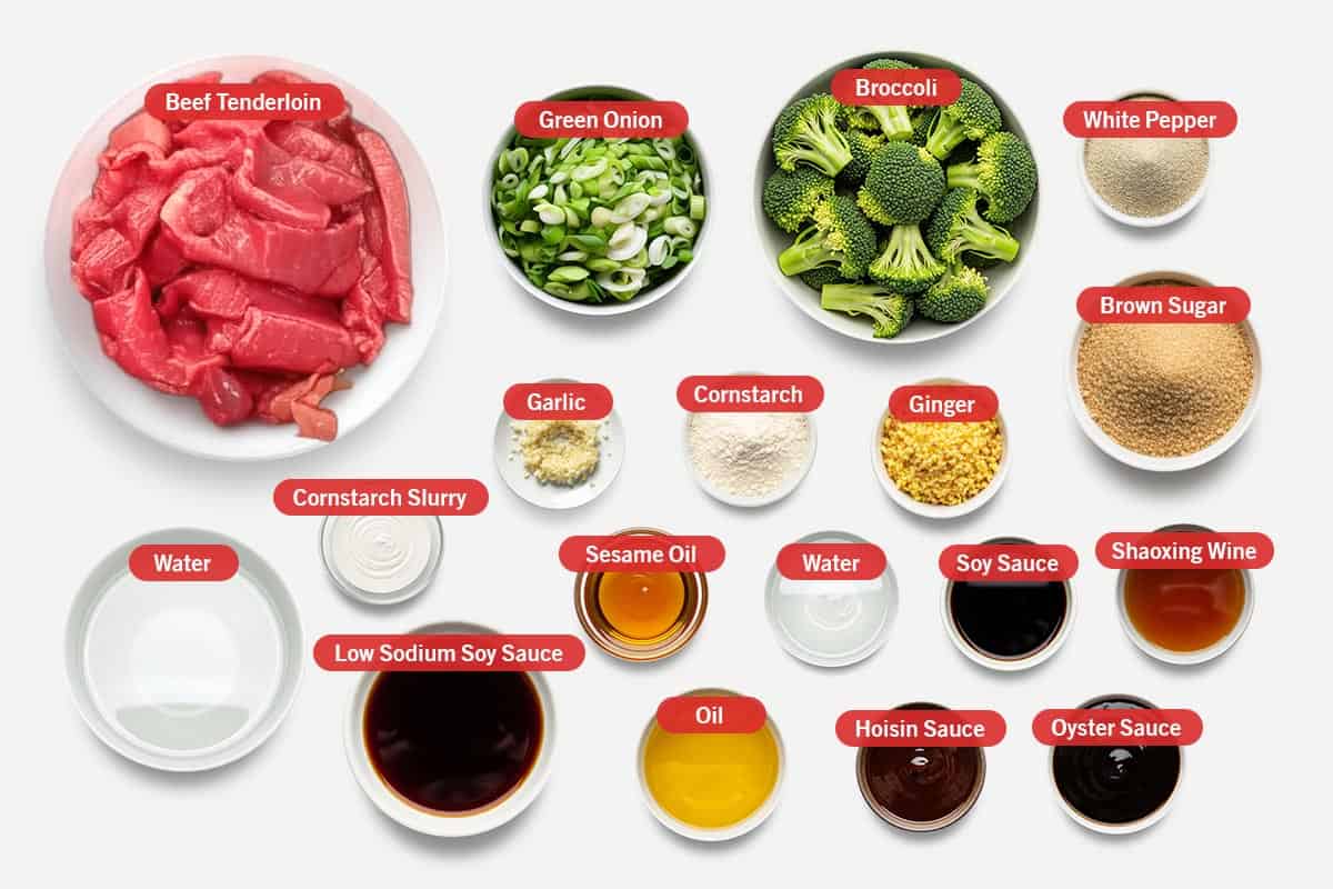 Top shot of ingredients: Beef tenderloin, green onion, broccoli, white pepper, garlic, cornstarch, ginger, brown sugar, cornstarch slurry, water, low sodium soy sauce, sesame oil, oil, soy sauce, hoisin sauce, oyster sauce, Shaoxing wine.
