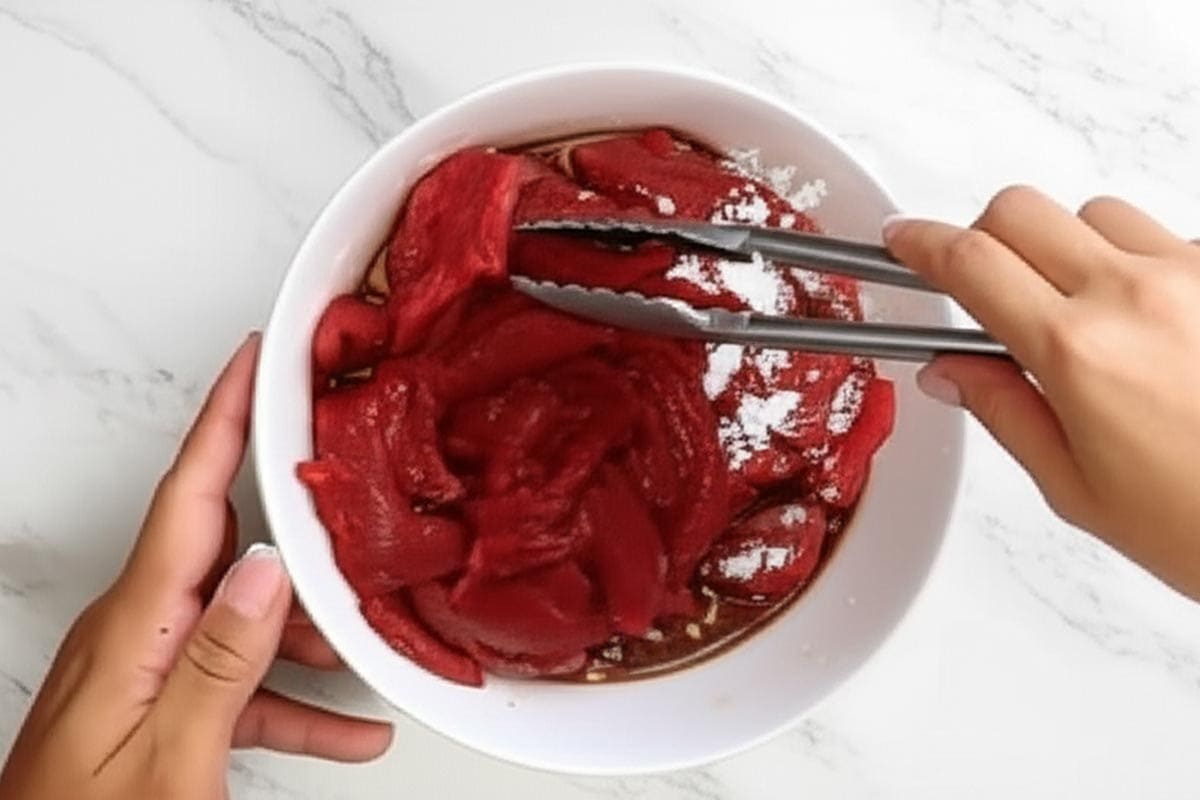 Tossing the slice beef to coat with marinade ingredients in a bowl.
