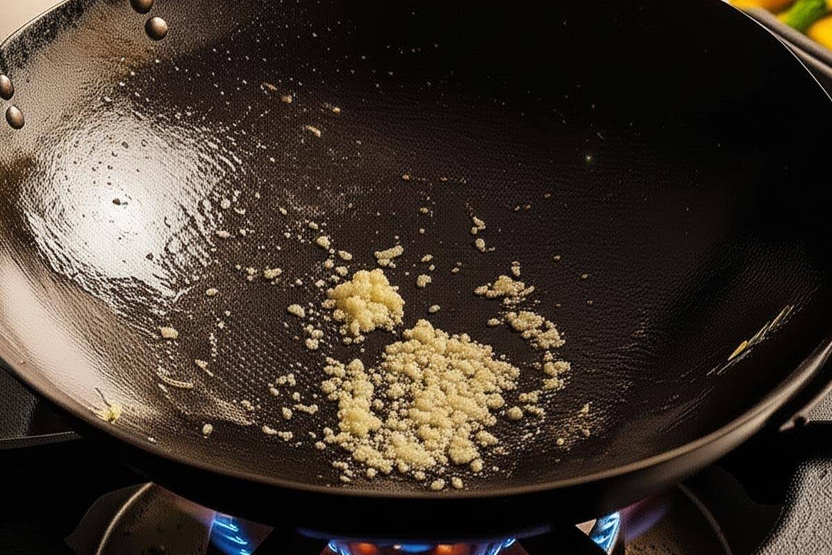 Stir-frying the garlic and ginger in a wok.