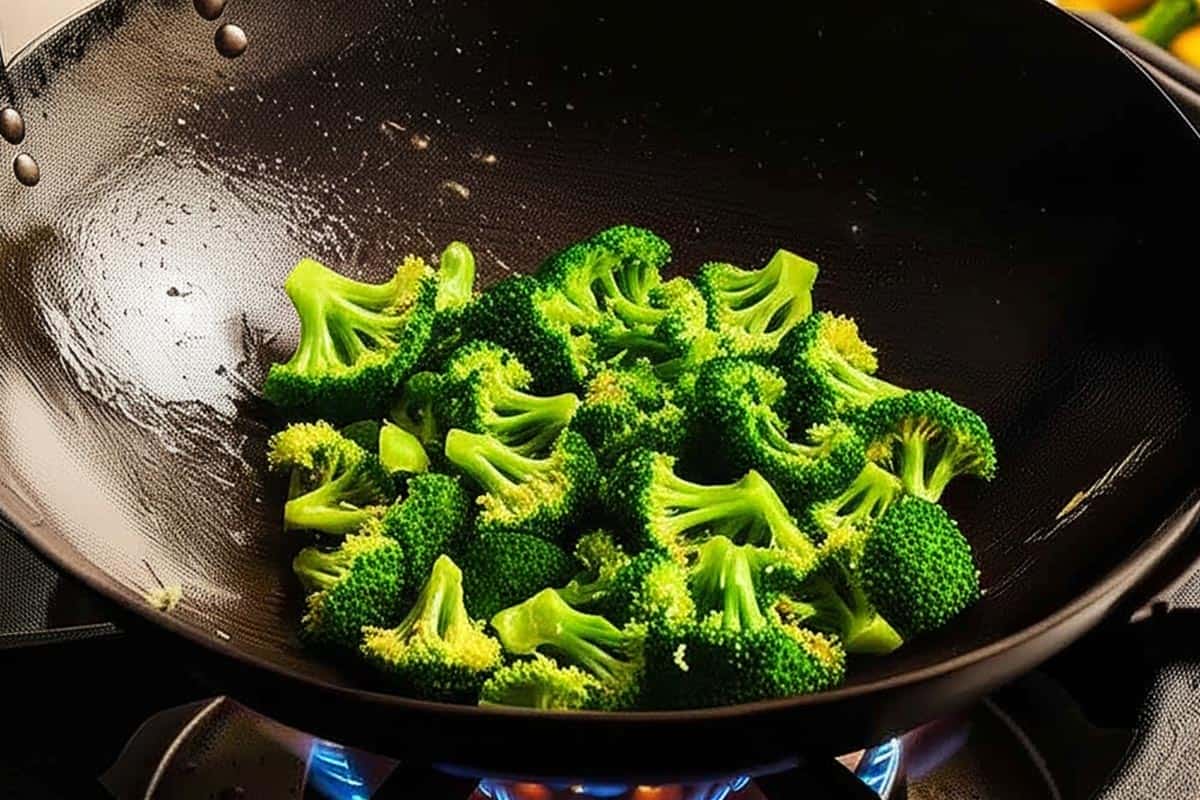 Added the broccoli florets to the wok.