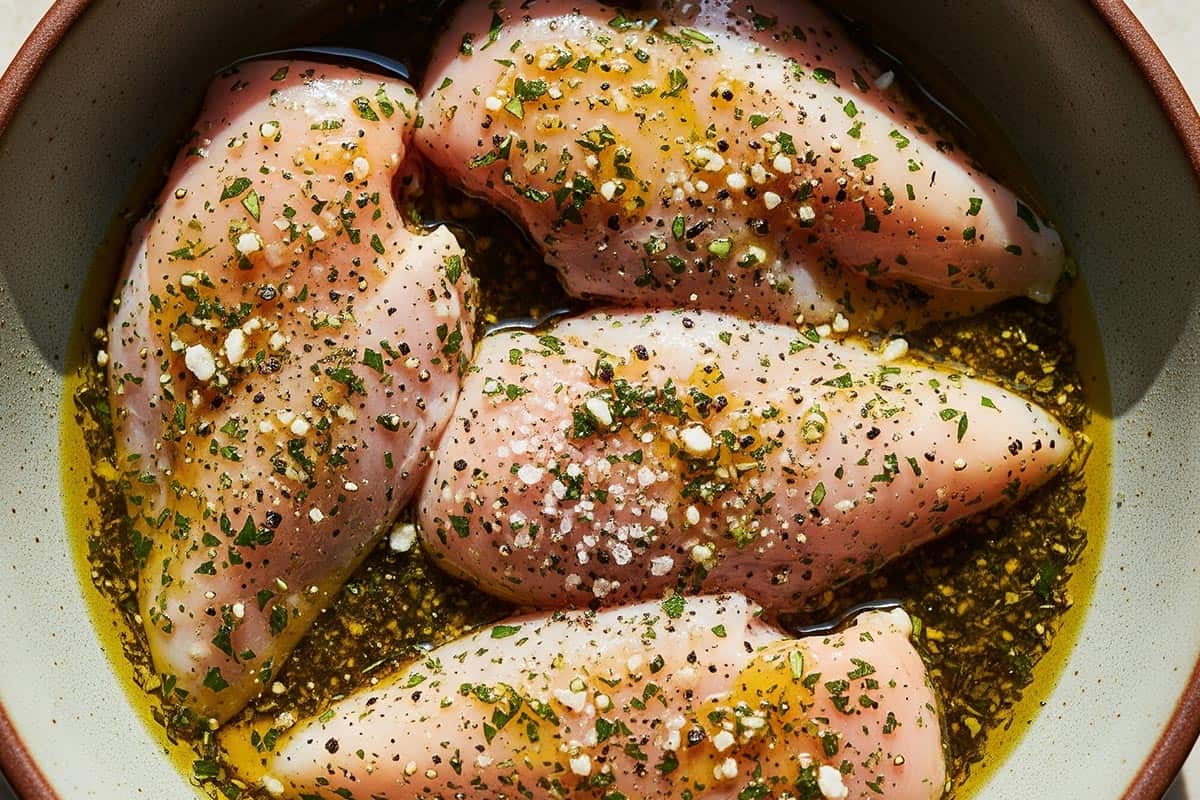 Chicken coated with mix the herbs, salt, pepper, and olive oil in a bowl.