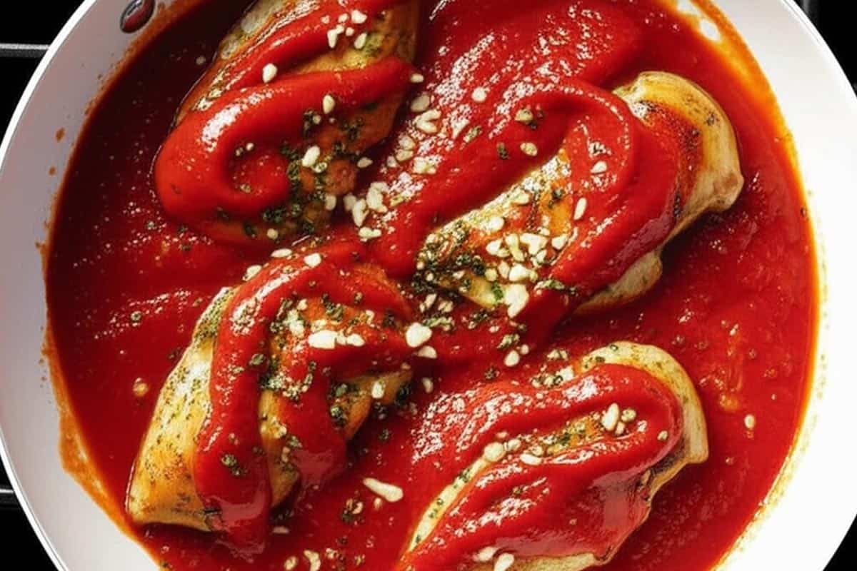 Chicken with sauce on a pan.