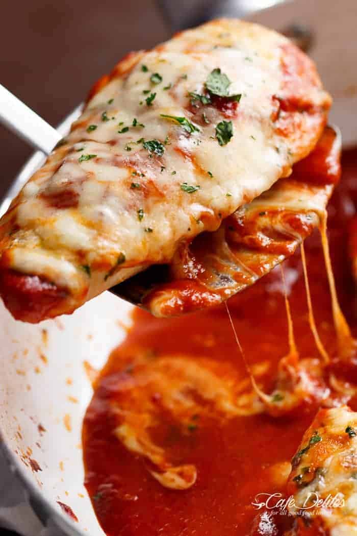 A quick and easy Mozzarella Chicken In Tomato Sauce made in the one skillet in under  Mozzarella Chicken In Tomato Sauce