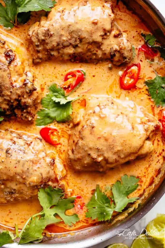Thai Satay Chicken In A Creamy Peanut Sauce with a special ingredient that makes this satay something spectacular in minutes! | https://cafedelites.com