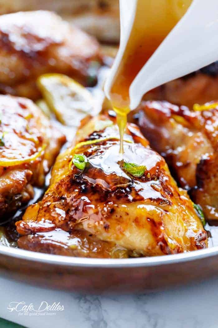 Juicy Honey Lemon Garlic Chicken with a crispy skin and a sweet, sticky sauce with ingredients you have in your kitchen cupboard! | https://cafedelites.com