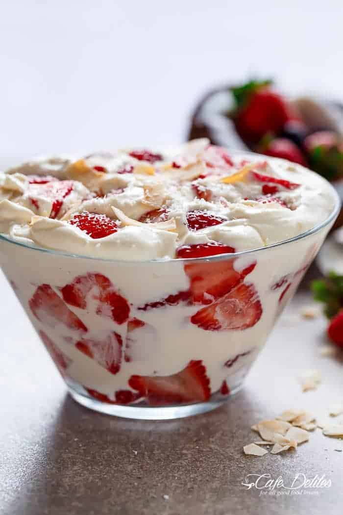 Strawberry Coconut Cheesecake Salad | https://cafedelites.com