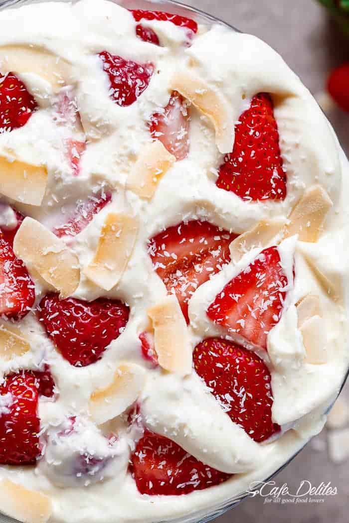 Strawberry Coconut Cheesecake Salad | https://cafedelites.com