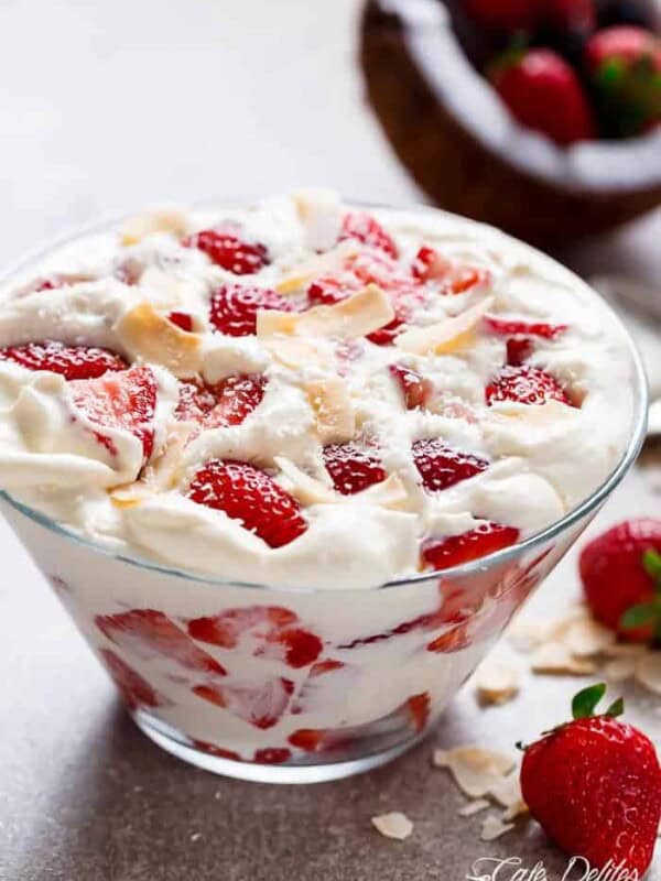 Strawberry Coconut Cheesecake Salad in a bowl