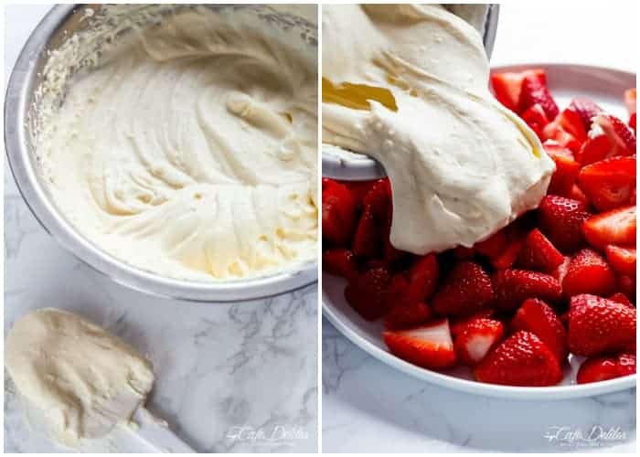 Strawberry Coconut Cheesecake Salad | https://cafedelites.com