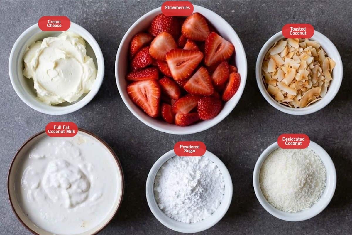 Flat lay photo of cream cheese, strawberries, toasted coconut, desiccated coconut powdered sugar, full fat fat coconut milk - 2
