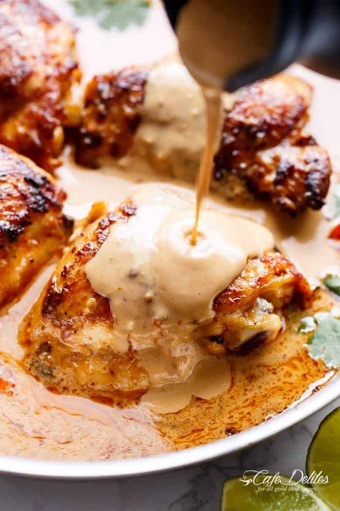 Thai Satay Chicken In A Creamy Peanut Sauce with a special ingredient that makes this satay something spectacular in minutes! | https://cafedelites.com