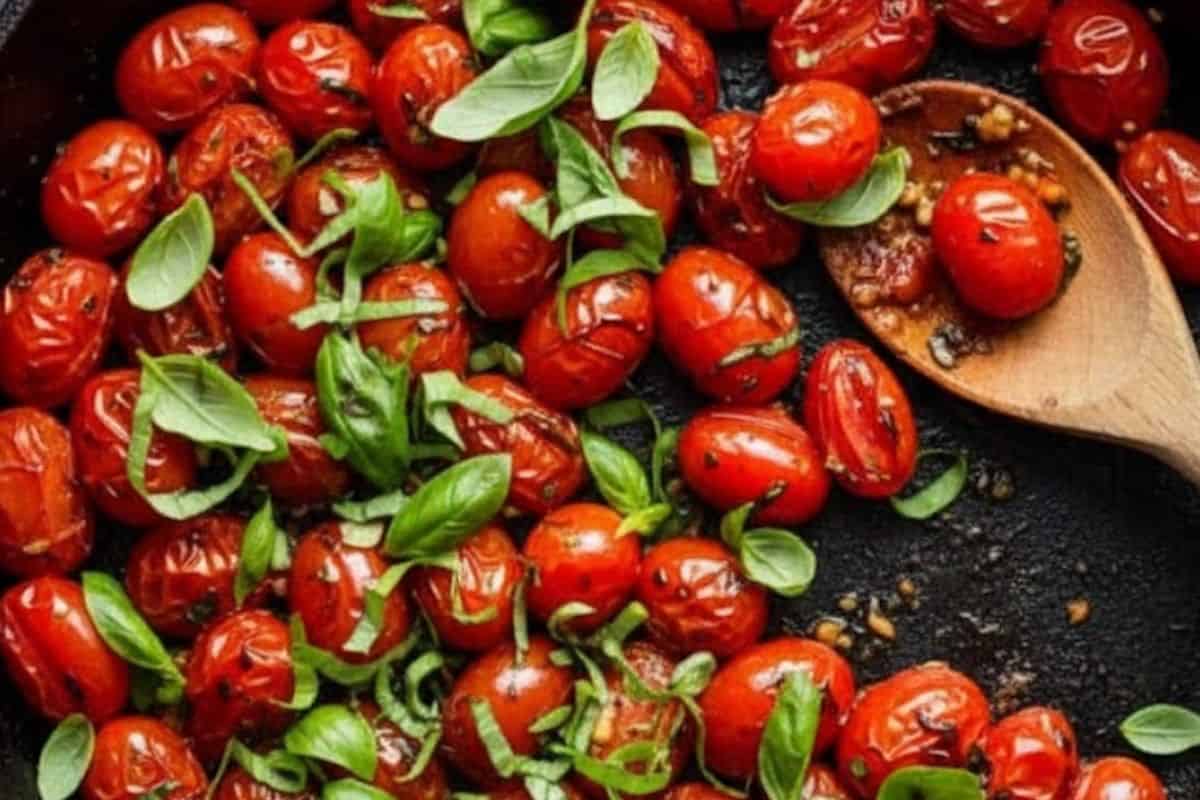 Heat oil, add tomatoes and basil, cooking until tomatoes are soft. Add garlic and cook. - 4