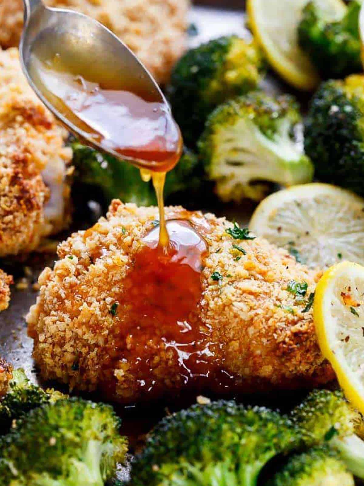 Honey Garlic Sauce dripping over Oven Fried Chicken 