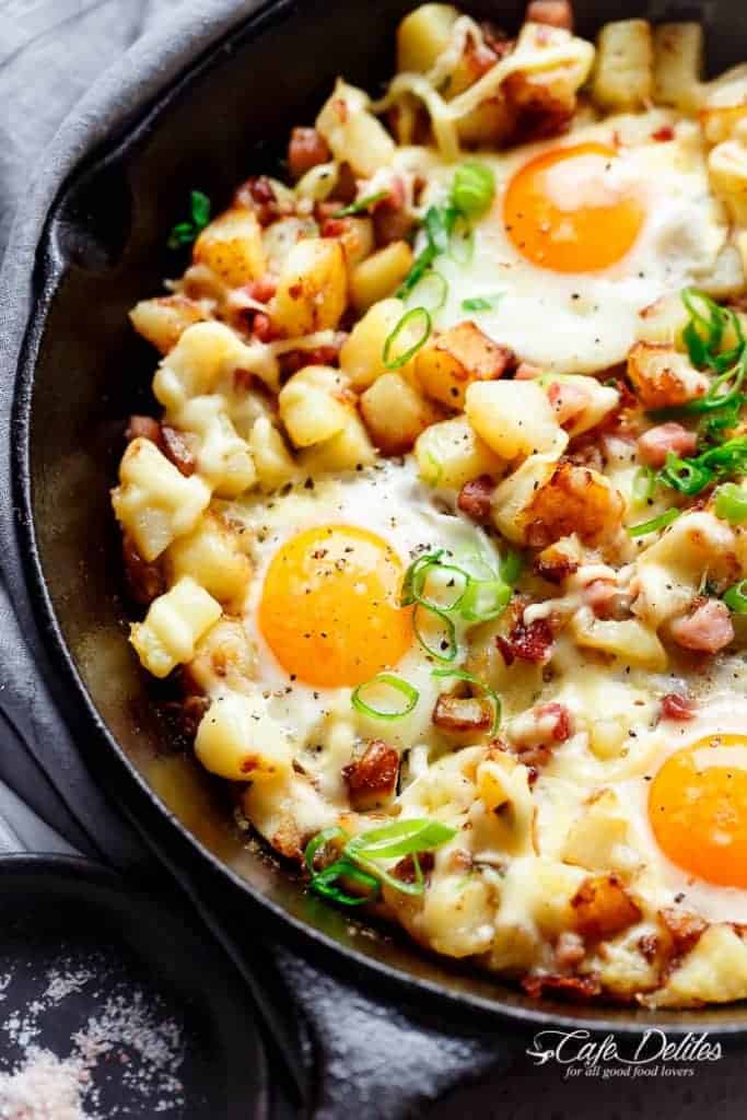 Skillet Fried Potato Hash with Bacon and Eggs