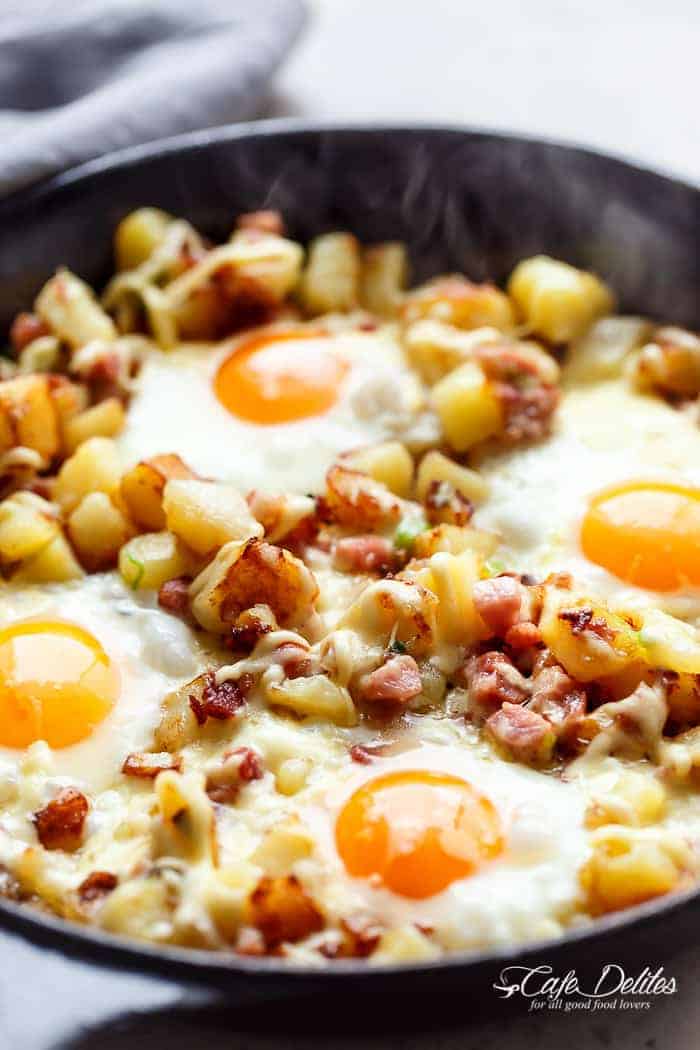 Breakfast Skillet With Cheesy Potatoes, Eggs, And Bacon