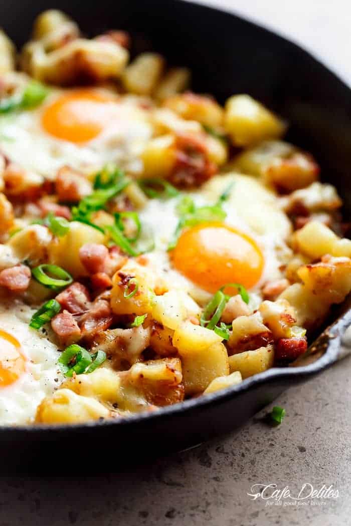 Breakfast Skillet With Cheesy Potatoes, Eggs, And Bacon