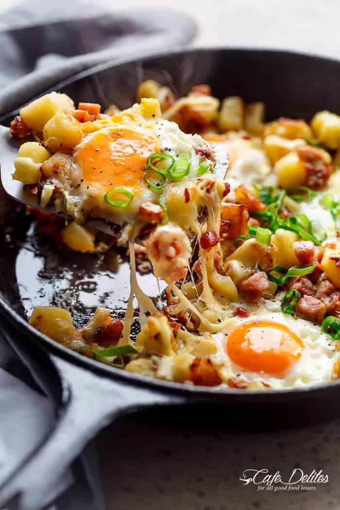 Cheesy Bacon And Egg Hash in a skillet