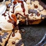 Chocolate Chip Cookie Marbled Skillet Brownie is crispy on the outside. Extreme fudgy-ness going on on the inside. This is the combination of your dreams! | https://cafedelites.com
