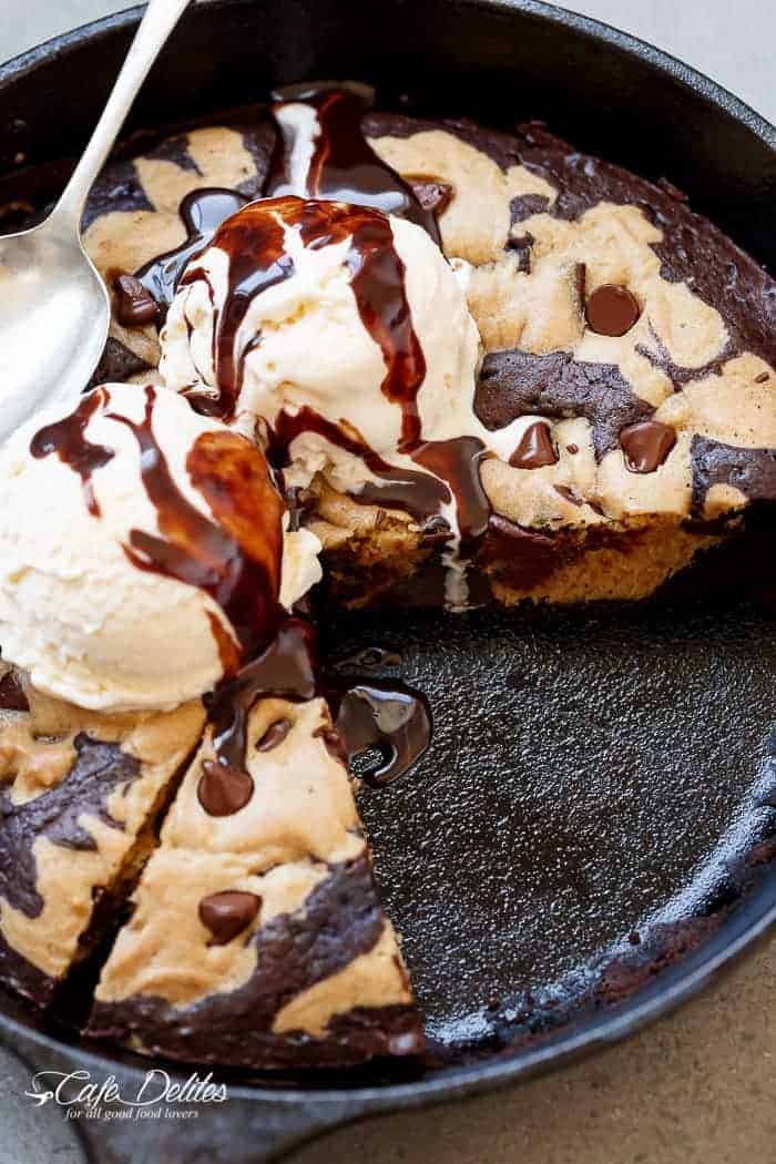 Chocolate Chip Cookie Marbled Skillet Brownie | https://cafedelites.com