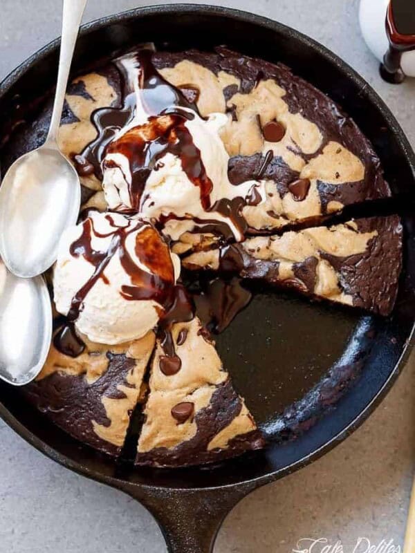 Top view of Chocolate Chip Cookie Marbled Skillet Brownie is crispy on the outside. Extreme fudgy-ness going on on the inside.