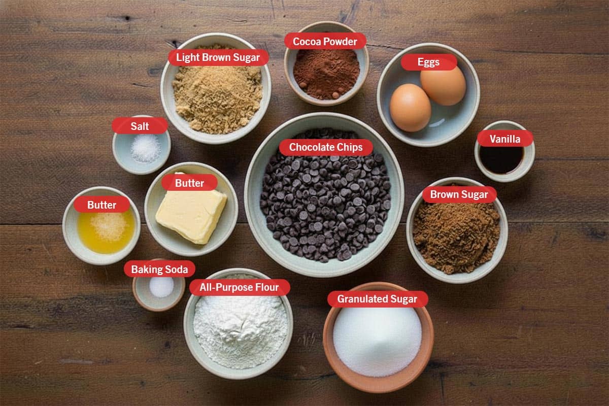 Top shot of ingredients: light brown sugar, cocoa powder, eggs, vanilla, brown sugar, granulated sugar, all-purpose flour, baking soda, butter, salt, and chocolate chips. - 2