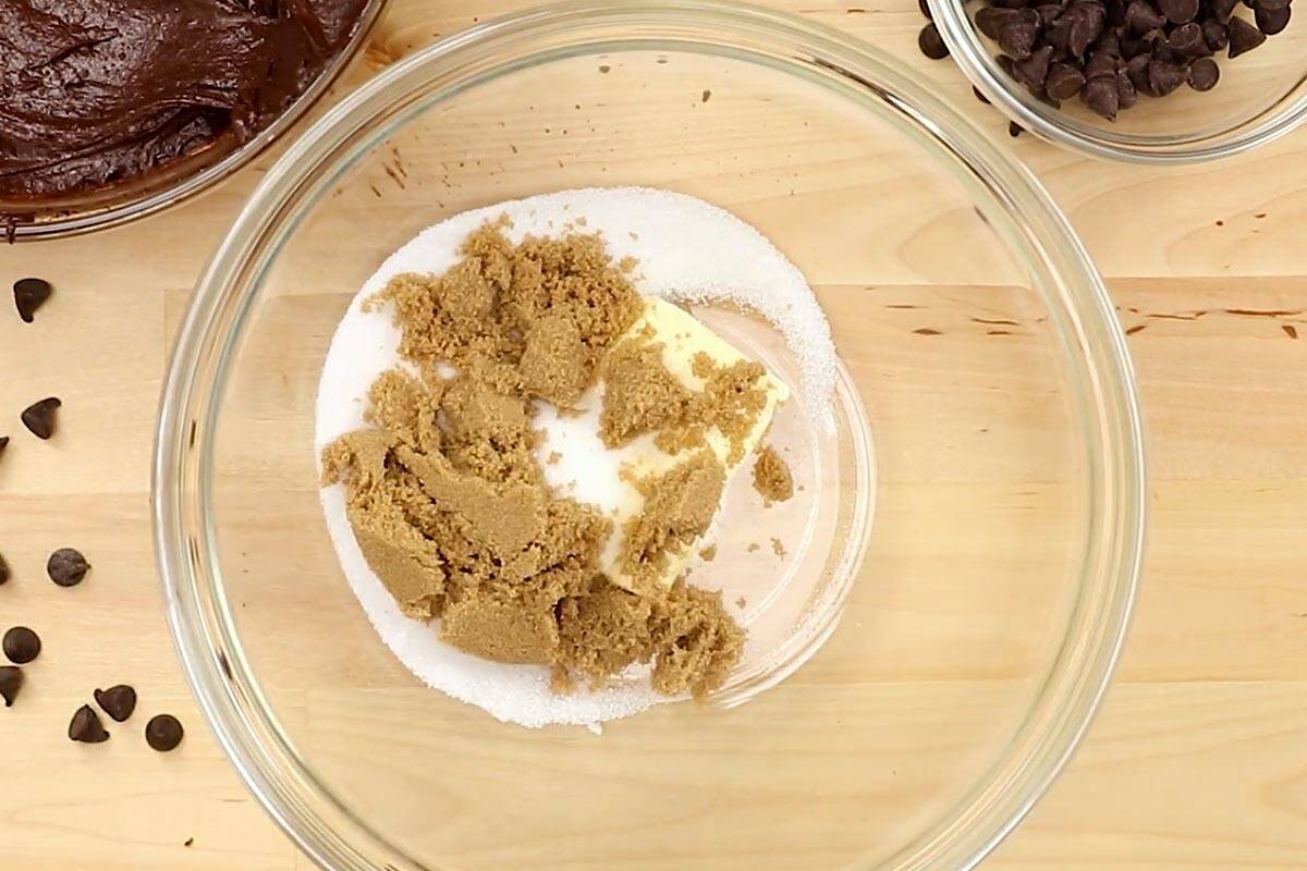 Softened butter with brown sugar and granulated sugar in a bowl. - 6