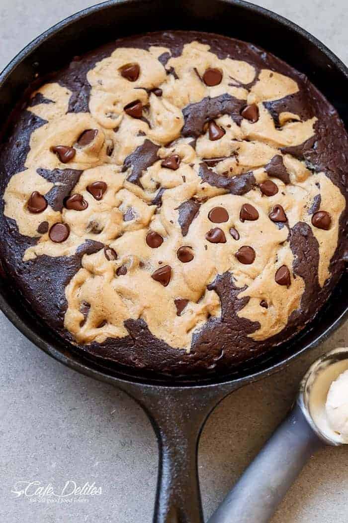 Chocolate Chip Cookie Marbled Skillet Brownie is crispy on the outside. Extreme fudgy-ness going on on the inside. This is the combination of your dreams! | https://cafedelites.com