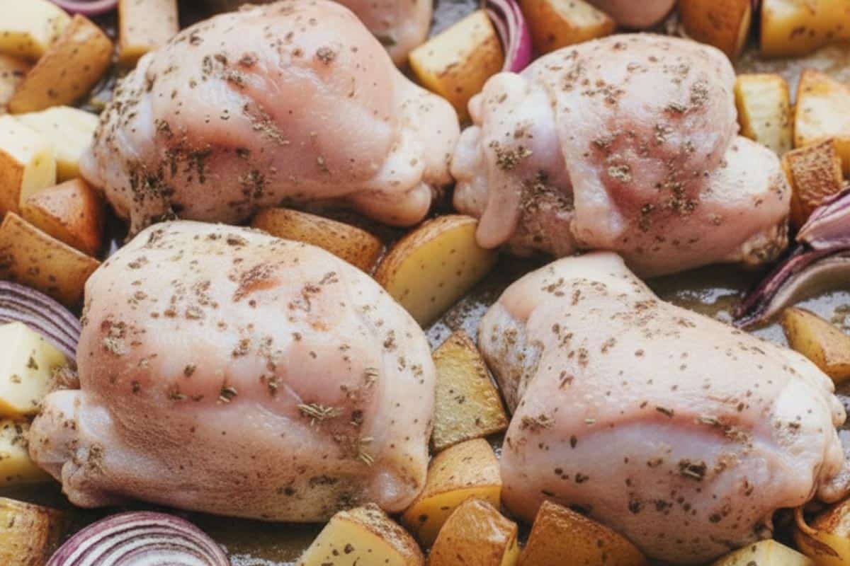 Placed the chicken, potatoes, and onion onto the prepared baking sheet.