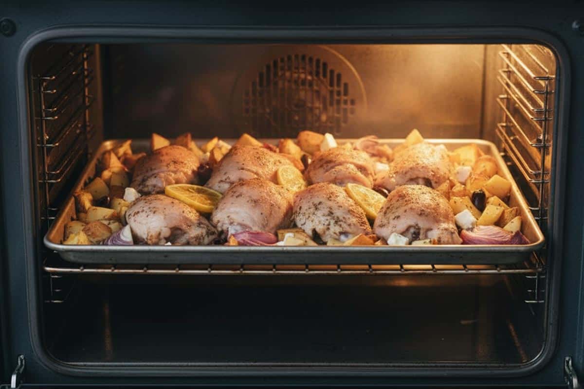 Roasting the chicken and potatoes in the oven.