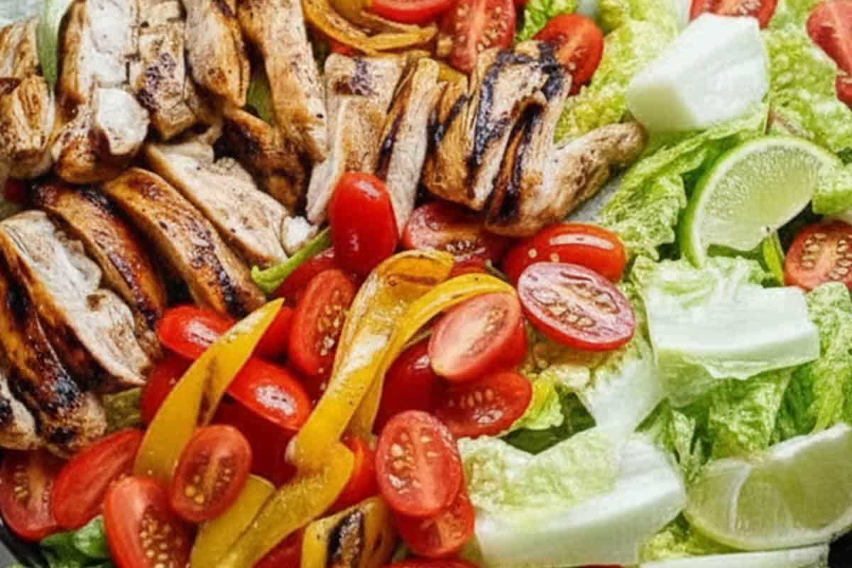 Arranged the romaine, tomatoes, cooked peppers, and chicken in a serving bowl. - 9