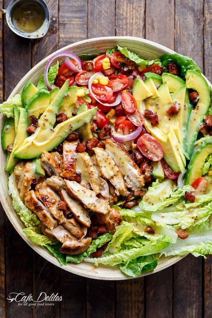 Honey Mustard Chicken, Avocado + Bacon Salad | https://cafedelites.com