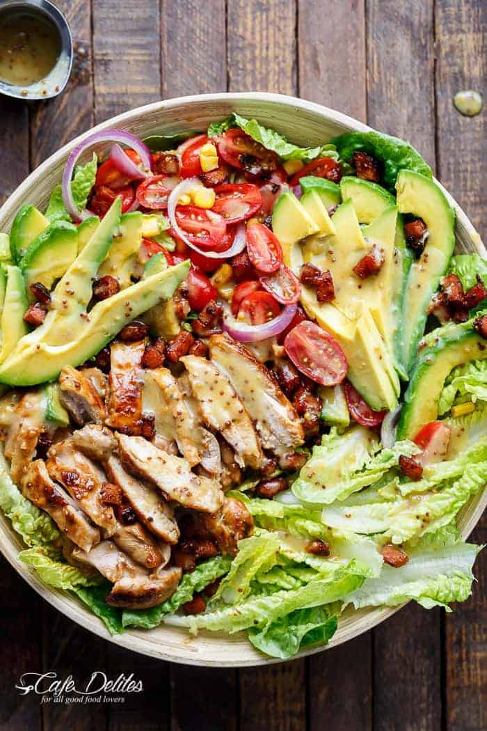 Honey Mustard Chicken, Avocado + Bacon Salad, with a crazy good Honey Mustard dressing withOUT mayonnaise or yogurt! And only 5 ingredients! | https://cafedelites.com