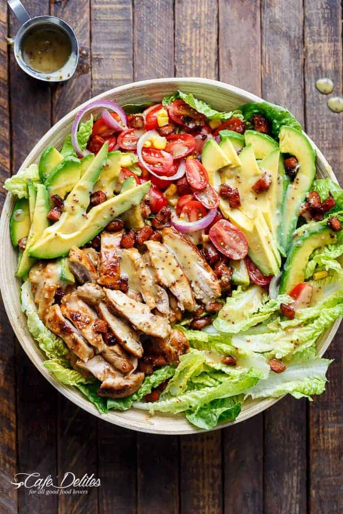 Honey Mustard Chicken, Avocado + Bacon Salad, with a crazy good Honey Mustard dressing withOUT mayonnaise or yogurt! And only 5 ingredients! | https://cafedelites.com