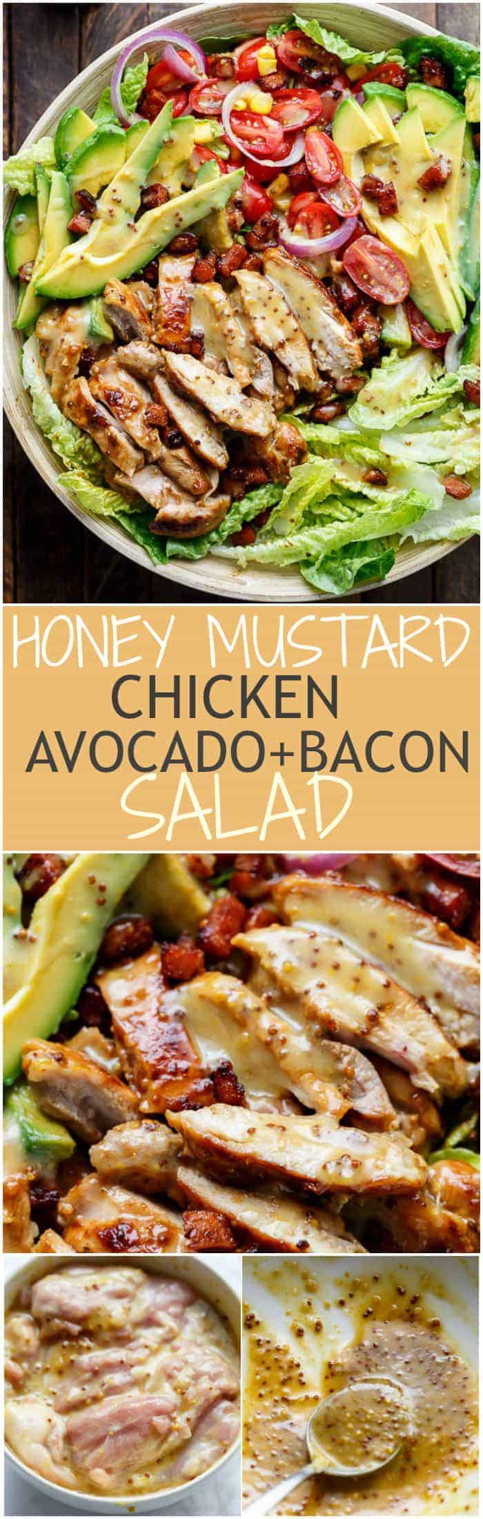 Honey Mustard Chicken, Avocado + Bacon Salad, with a crazy good Honey Mustard dressing withOUT mayonnaise or yogurt! And only 5 ingredients! | https://cafedelites.com
