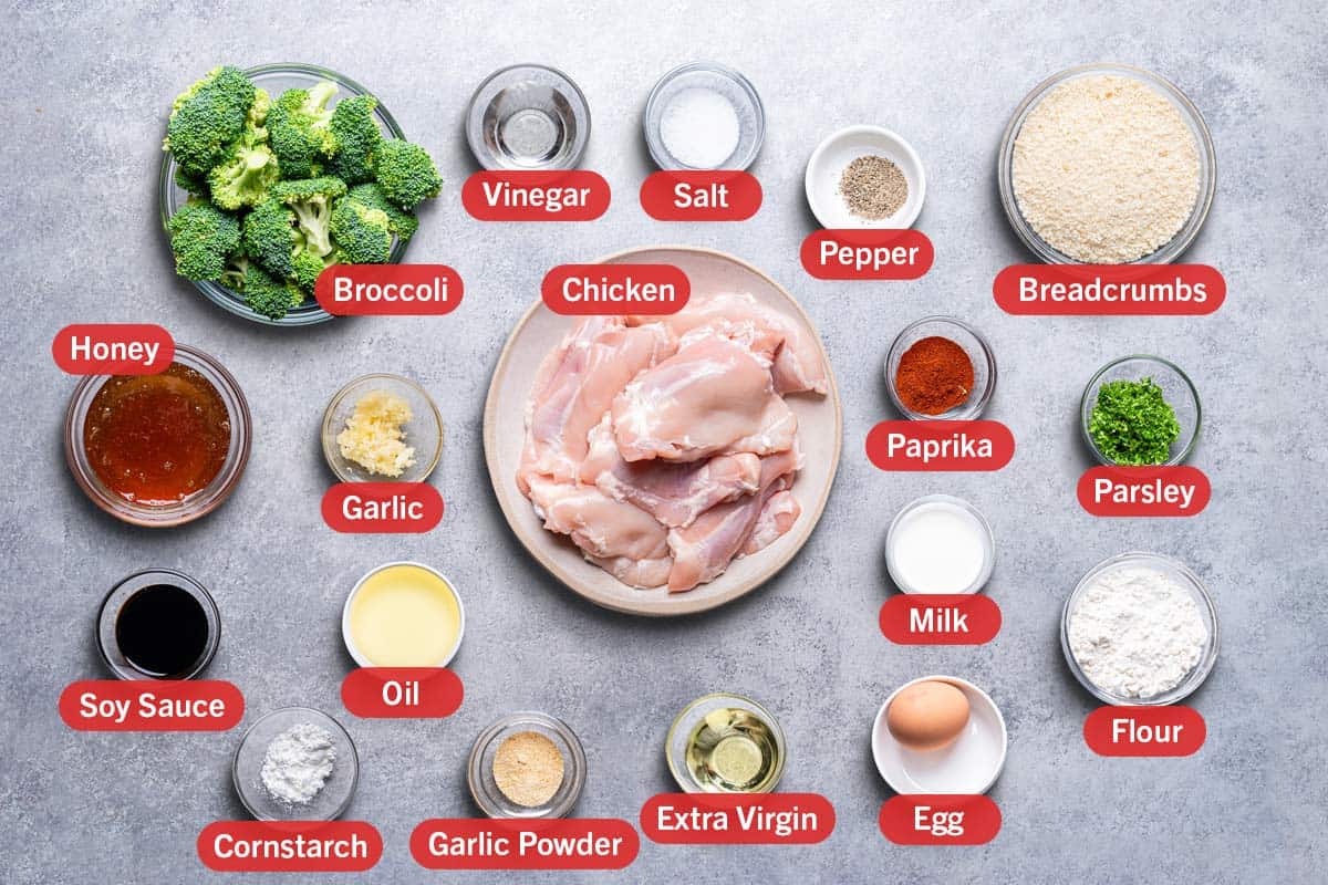 ingredients laid out against a grey background. broccoli, vinegar, salt, pepper, breadcrumbs, honey, garlic, chicken, paprika, parsley, milk, flour, oil, soy sauce, cornstarch, garlic powder, egg