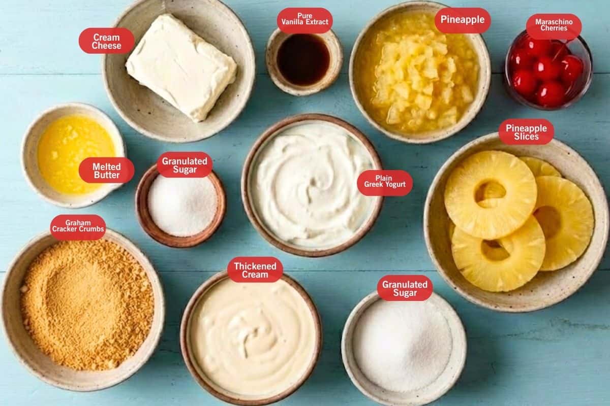 Flat lay photo of graham cracker crumbs, melted butter, granulated sugar, cream cheese block, thickened cream, plain greek yogurt, pure vanilla extract, diced pineapple, pineapple slices, maraschino cherries - 2