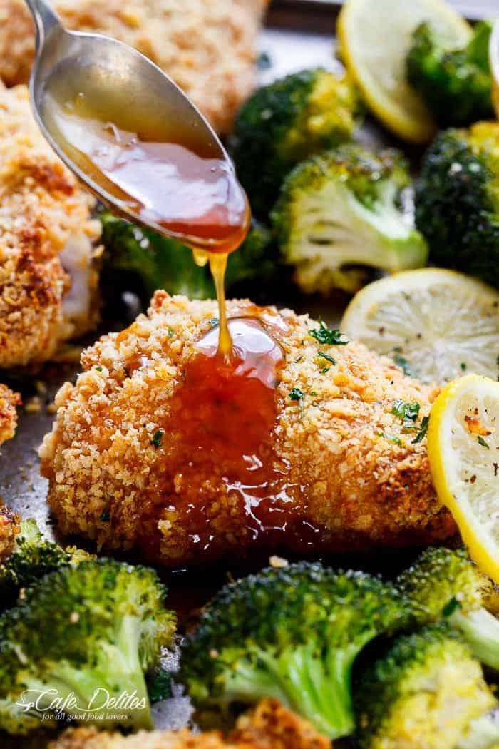 Oven Fried Chicken + Broccoli + Honey Garlic Sauce | https://cafedelites.com