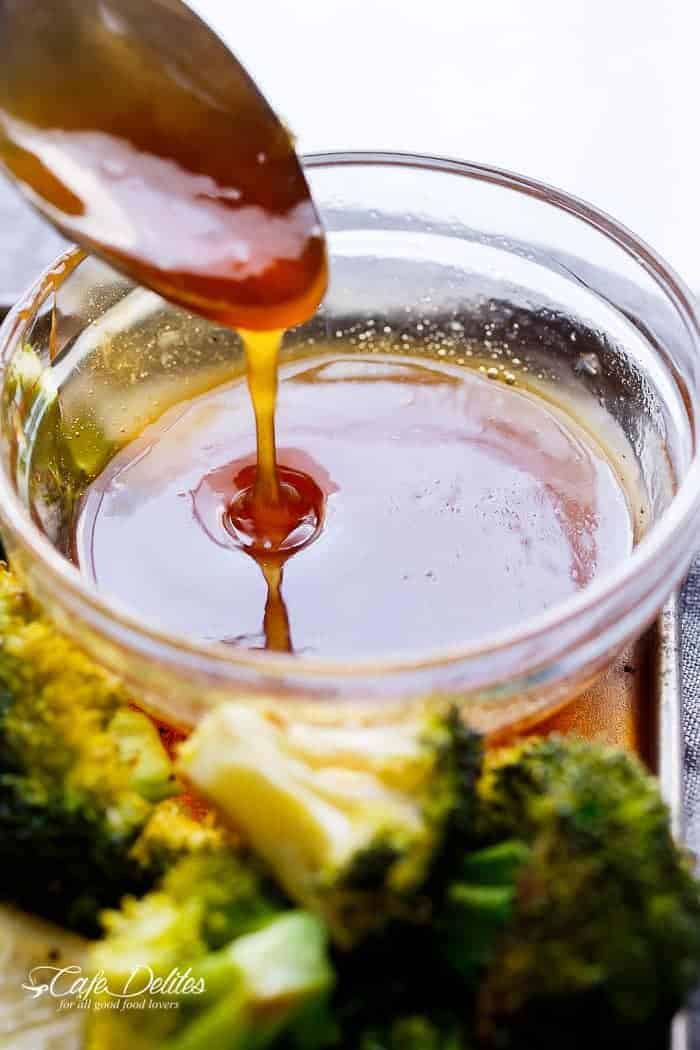 Oven Fried Chicken + Broccoli + Honey Garlic Sauce | https://cafedelites.com
