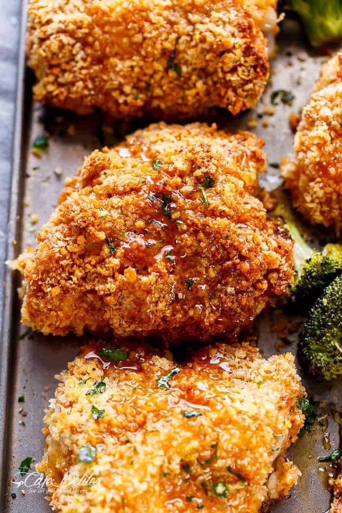 Oven Fried Chicken + Broccoli + Honey Garlic Sauce | https://cafedelites.com